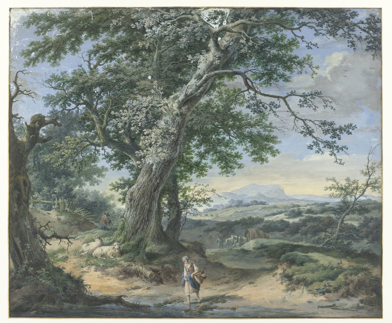 Kuperat landskap med tunga träd och mänskligt damm av Pieter Pietersz. Barbiers