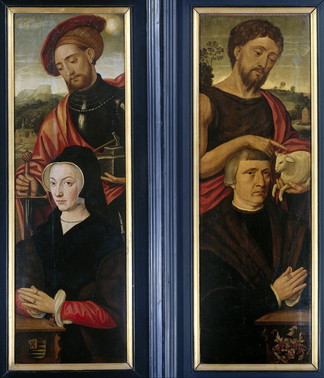Två vingar av en triptyk med porträtt av donatorer med heliga Adrian och Johannes Döparen av Pieter Pourbus (attributed to)