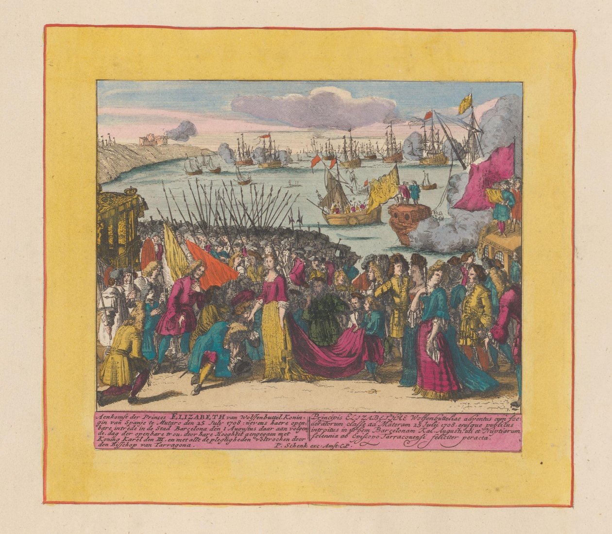 Ankomst av prinsessan Elisabeth Christine av Wolfenbüttel till Mutaro, 1708 Ankomst av prinsessan Elizabeth av Wolfenbuttel drottning av Spanien (...) (titel på objektet) Krigets teater, början av kung Karl II. Tills kung Karel de I av Pieter Schenk (I)