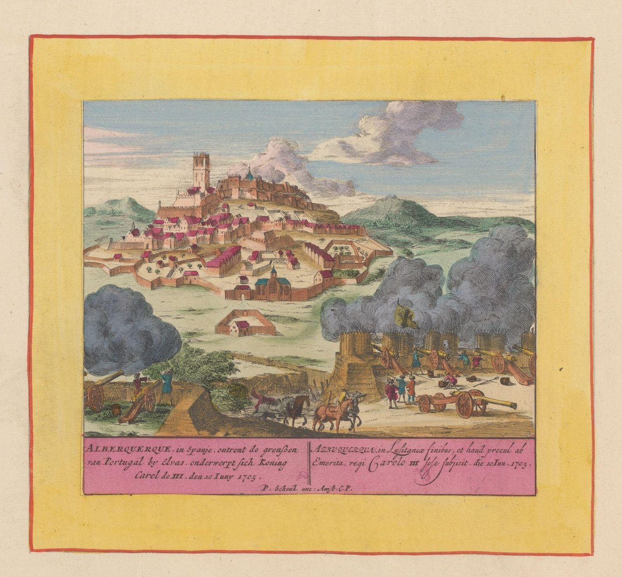 Belägring av Albuquerque, 1705 Alberquerque, i Spanien, från Portugals gränser vid Elvas, underkastar sig kung Carel III, den 10 juni 1705 (titel på objektet) Krigets teater, början av kung Karl II. Vi ses på King Kar av Pieter Schenk (I)