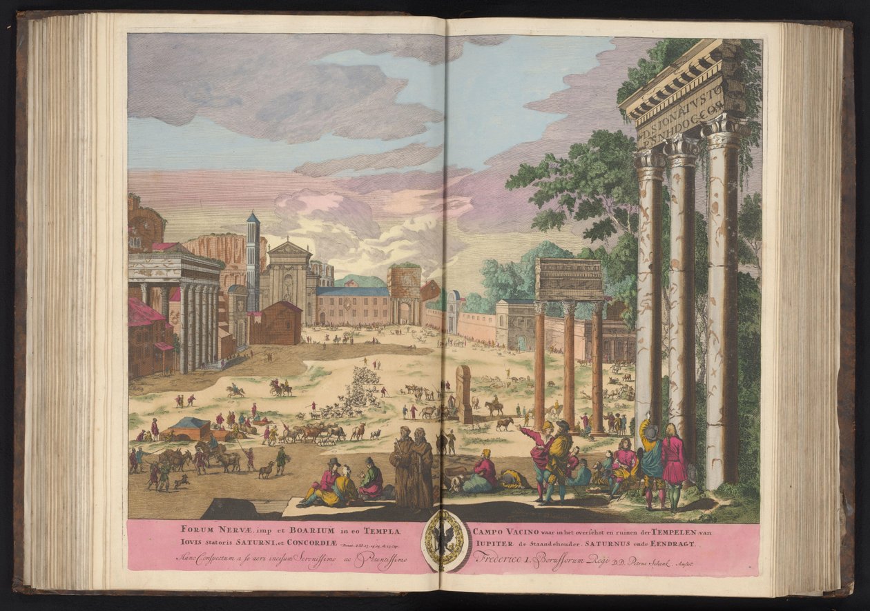 Forum Romanum i Rom Forum av Nerva, imp och Boarium i det Jupiters tempel Stator Saturnus och Concord (...) (titel på objekt) av Pieter Schenk (I)