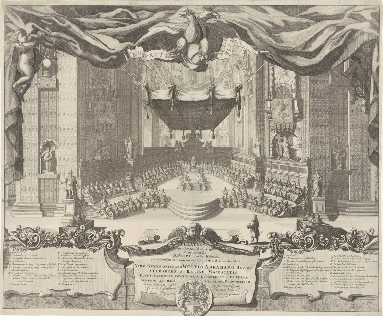 Utsikt i Sint-Pietersbasiliek En teater som representerar brotten som äger rum i Peterstemplet i staden Rom (titel på objektet) av Pieter Schenk (I)