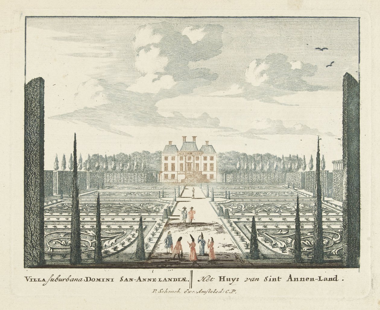 Utsikt över hus Clingendael i Haag Gesichte van het Famous Loo som andra kungahus (serietitel) Admirandorum quadruplex spectaculum (serietitel) av Pieter Schenk (I)