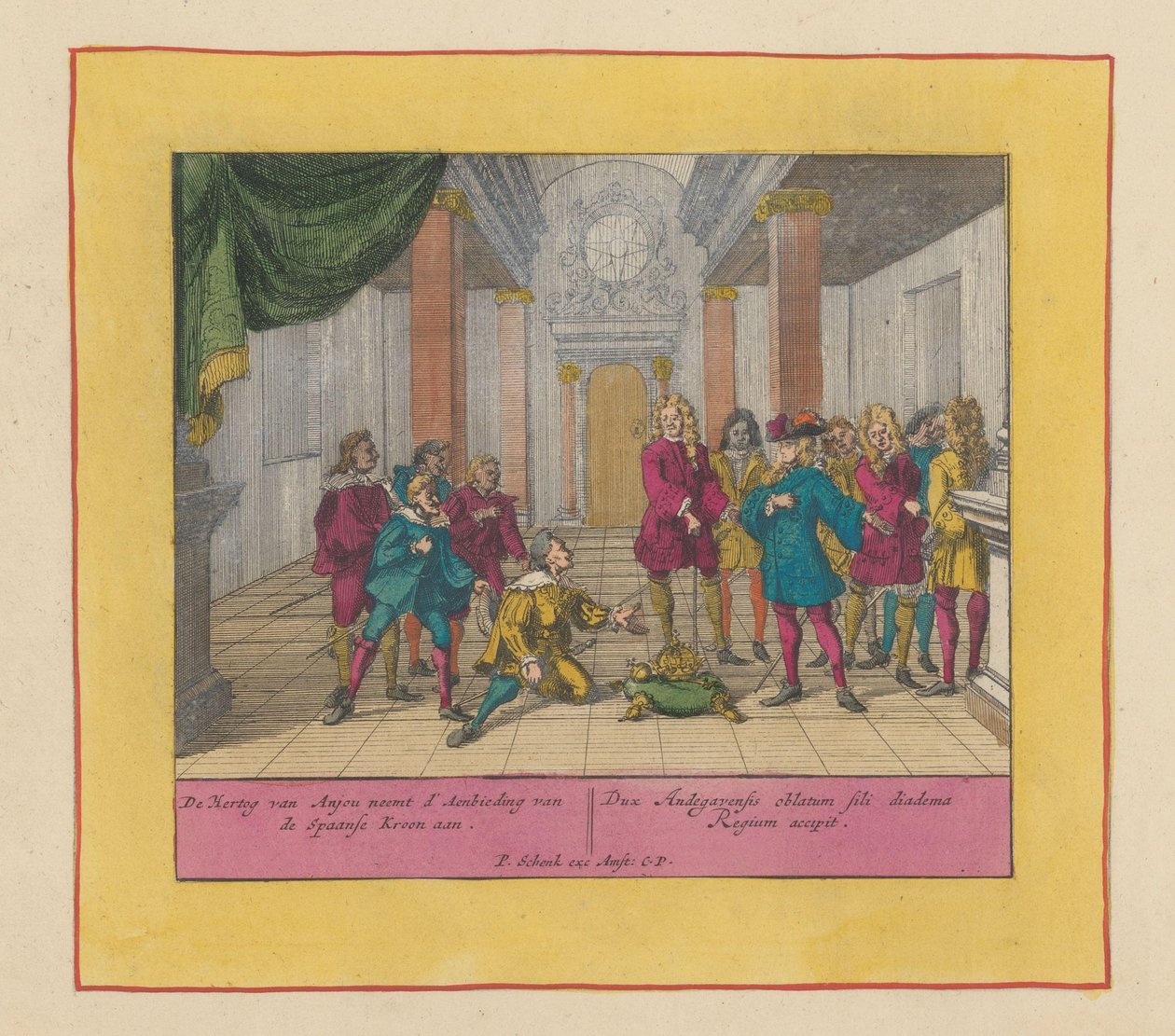 Hertig Filip av Anjou accepterar den spanska kronan, 1700 Hertigen av Anjou accepterar den spanska kronans erbjudande (...) (titel på objekt) Krigets teater, början av kung Karl II. Fram till kung Karl III. Finns i IX av Pieter Schenk (I)