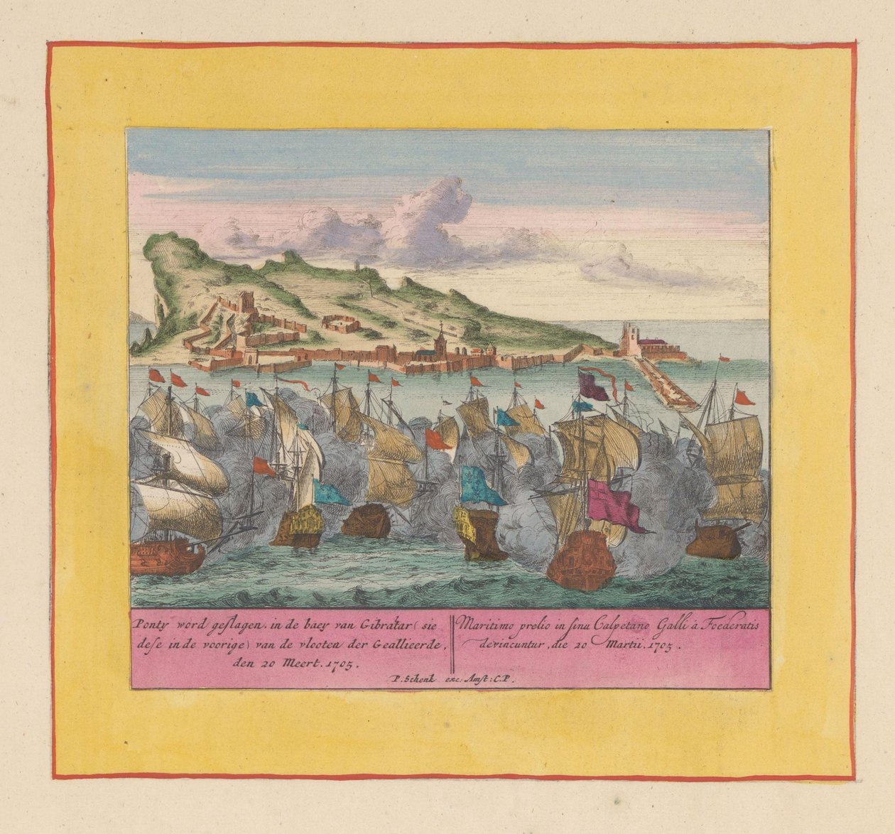 Sjöslaget vid Gibraltar, 1705 Ponty blir slagen, i Gibraltars baey (se dese i fronten) av de allierades flottor, den 20 Meert, 1705 (titel på objektet) Krigets teater, början av kung Karl II. Vi ses på kung Karel den av Pieter Schenk (I)
