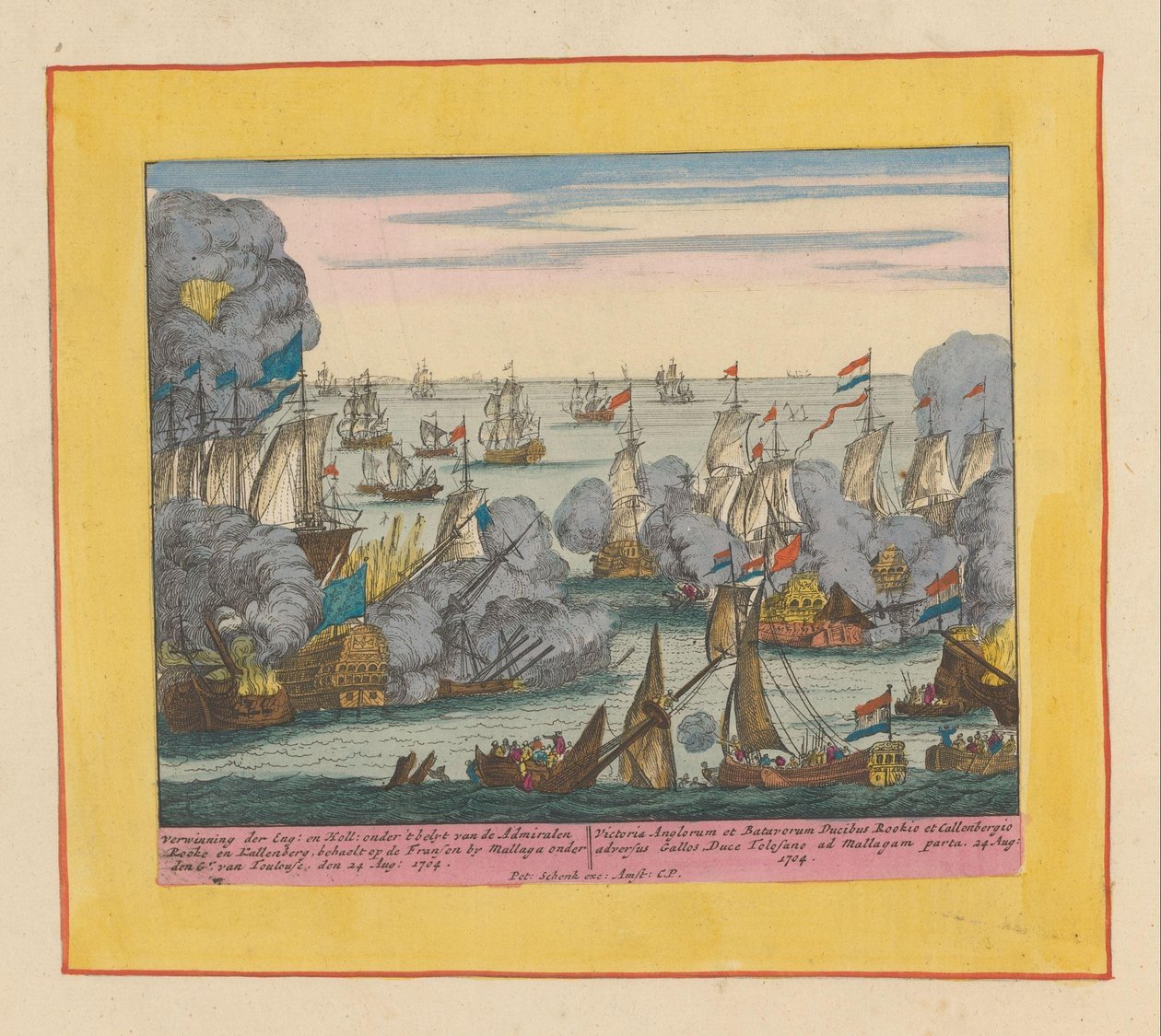 Sjöslaget vid Malaga, 1704 Verwinning der Eng en Holl : under amiralernas mage Rooke och Kallenberg (...) (titel på objektet) Krigets teater, början av kung Karl II. Fram till kung Karl III. Finns i IX. Historisk Fig av Pieter Schenk (I)
