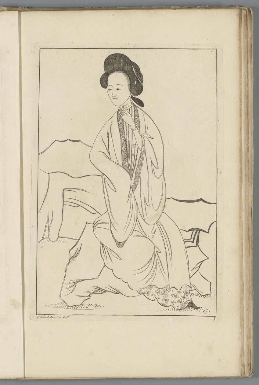 Kinesisk kvinna med höger hand i ärmen på sin kimono Kinesiska kvinnor, blommor och fåglar (serietitel) av Pieter Schenk (II) (possibly)