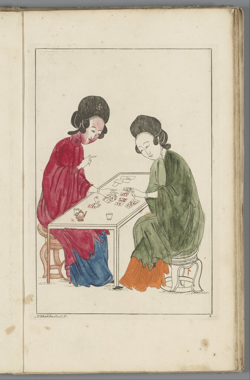 Två kinesiska kvinnor spelar ett kortspel Kinesiska kvinnor, blommor och fåglar (serietitel) av Pieter Schenk (II) (possibly)