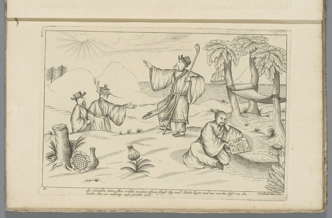 Kinesiska sterrenkijkers Sinesen stjärnsiarna som ligger på en öppen väg dag och natt och bara blir biten av människorna som ger honom mat (titel på objekt) Använd kinesisk (serietitel) av Pieter Schenk (II)