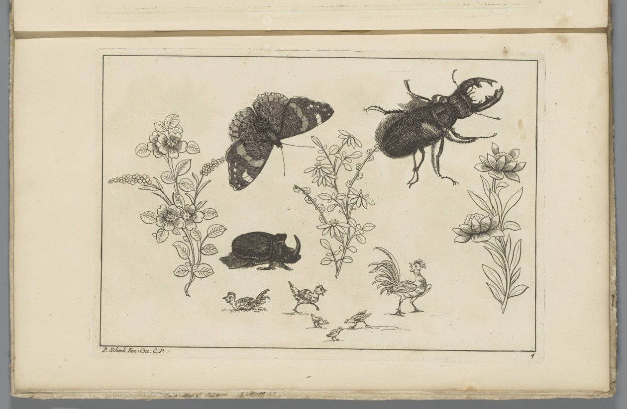 Tre blomgrenar med noshörningsbagge, fjäril och tor Kinesiska blommor och insekter (serietitel) av Pieter Schenk (II)
