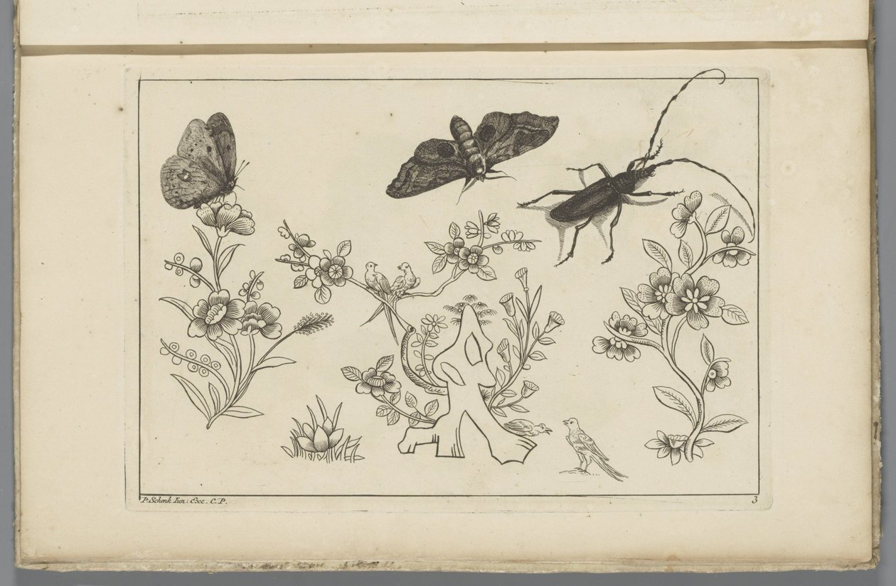 Tre blomgrenar med fåglar, fjärilar och en insekt Kinesiska blommor och insekter (serietitel) av Pieter Schenk (II)