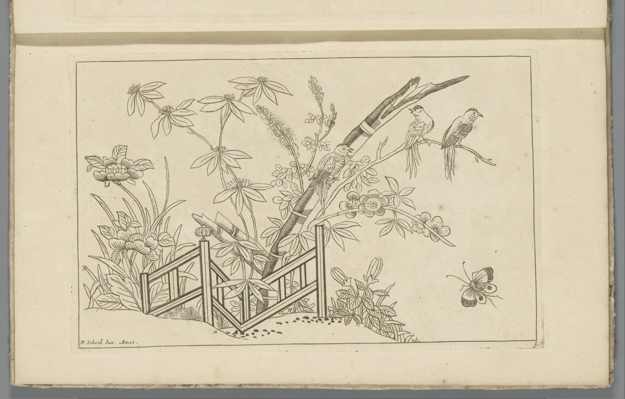 Tre fåglar i ett blommande träd Kinesiska blommor och fåglar (serietitel) av Pieter Schenk (II)