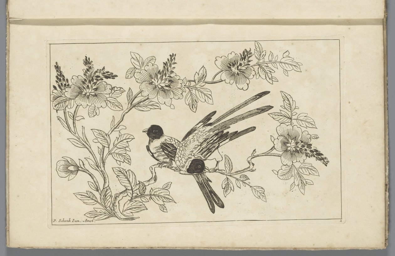 Två fåglar på en blomgren Kinesiska blommor och fåglar (serietitel) av Pieter Schenk (II)