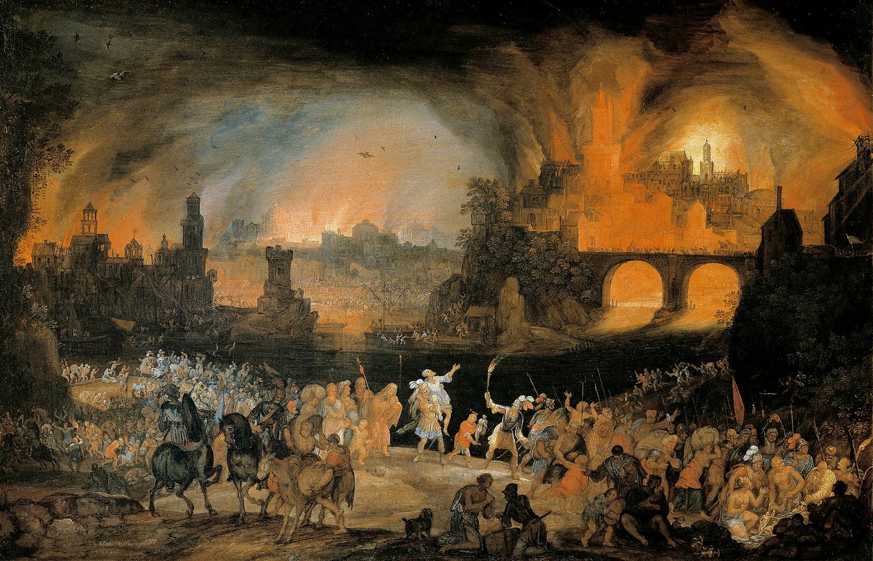 Brännandet av staden Troja. Målning av Pieter Schoubroeck (1570-1607). 1606. Kunsthistorisches Museum Wien Österrike av Pieter Schoubroeck
