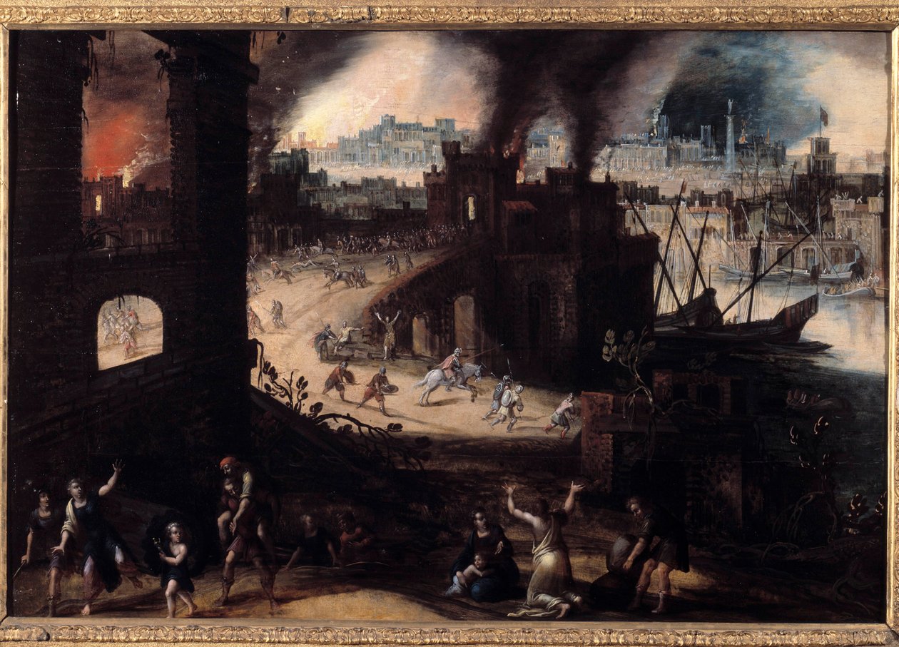 Förstörelsen av Troja Målning av Pieter Schoubroeck (1570-1607) 1600-talets Besancon. Museum of Fine Arts av Pieter Schoubroeck