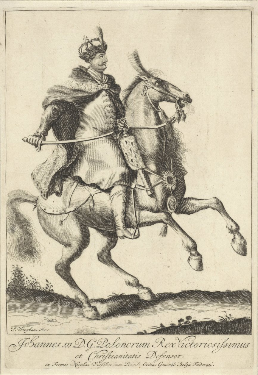 Ridsporträtt av kung John III Sobieski av Polen av Pieter Stevens (vermeld in 1689)