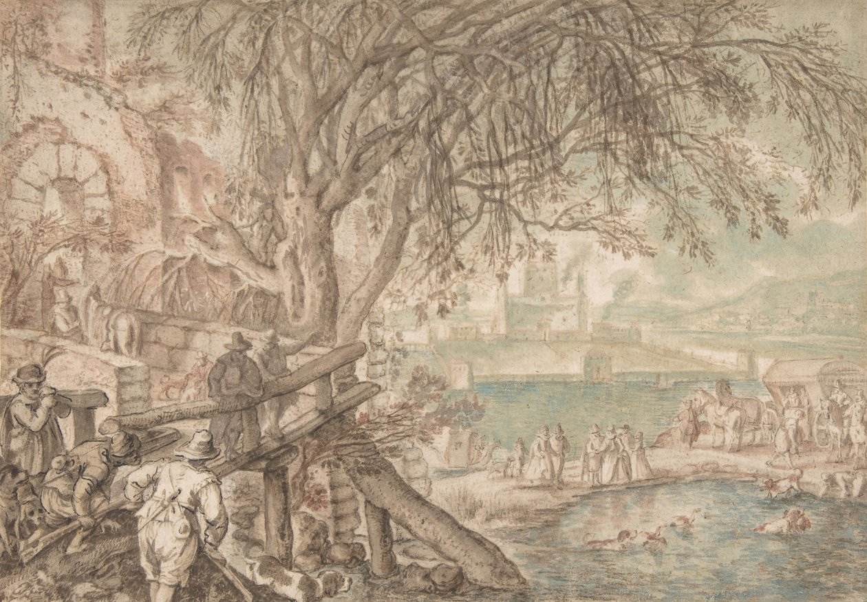 Huntsmen and Company observerar hundar som hämtar ankor i en damm April månad, c1610-20. av Pieter Stevens