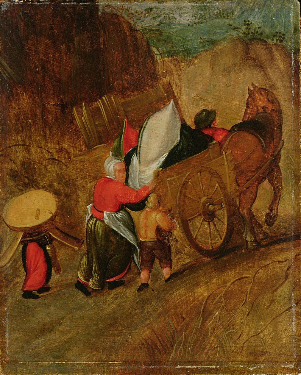 Landskap, bönder, häst och vagn, tidigt 1600-tal (olja på pannå) av Pieter Stevens