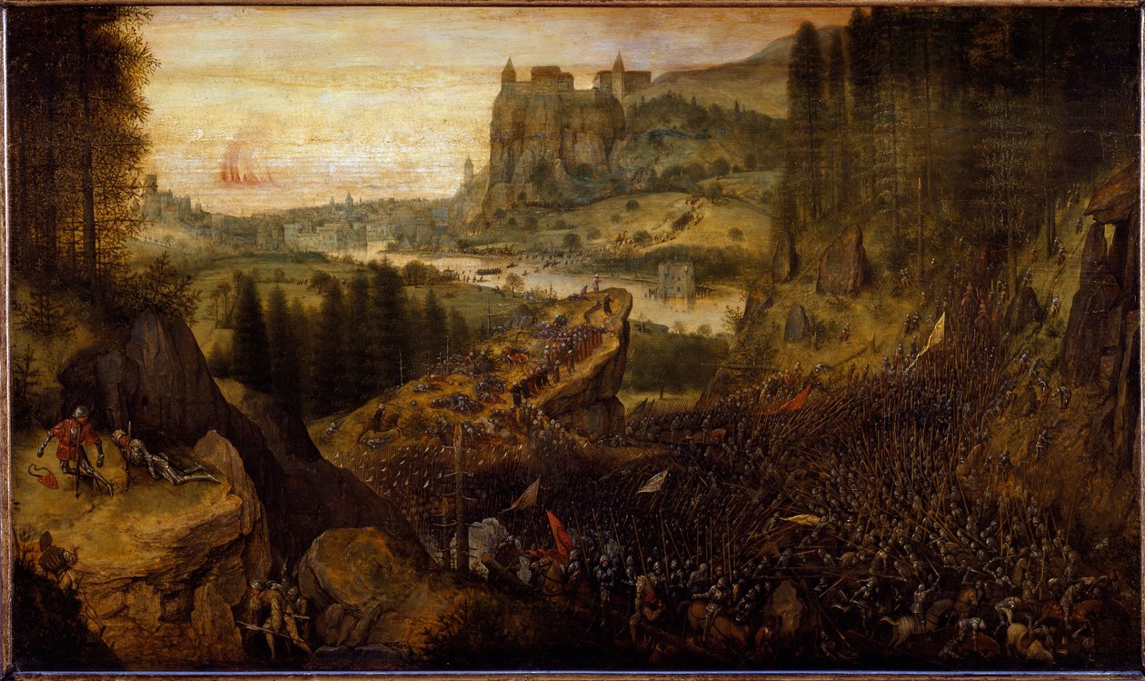 Strid mellan filistéer och israeliter: Saul och hans godsherre kastas på sitt svärd. (målning av Pieter Bruegel the Elder