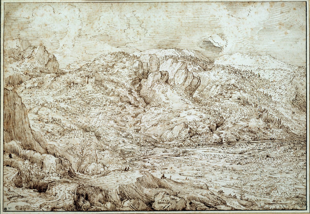 Alpernas landskap. Teckning av Pieter Brueghel Dit The Old Man (1525-1569) Ec. Flam. av Pieter Bruegel the Elder