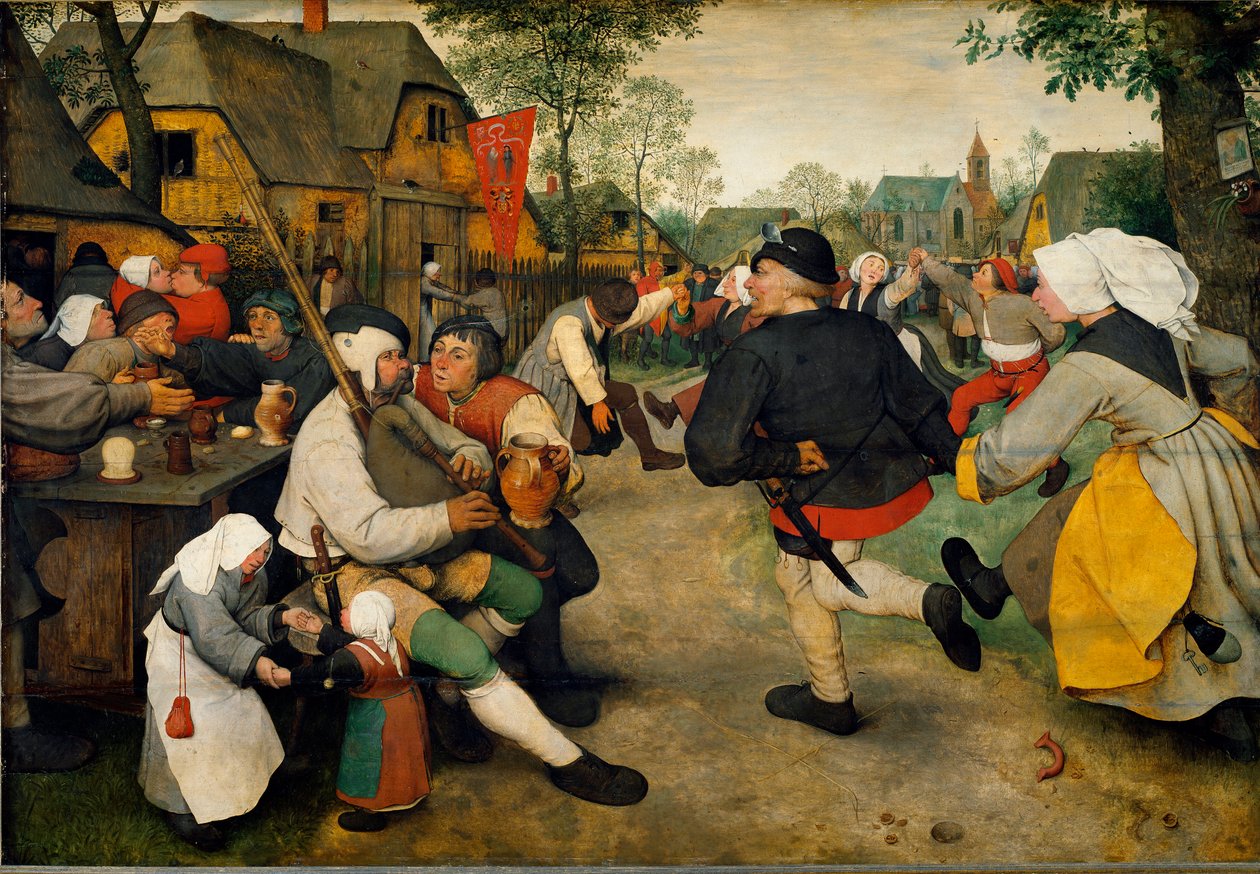 Bonddans En man spelar säckpipa tillsammans med en alkoholist. Bakom dem med flaggan finns en bordell medan byborna dansar och har roligt. Målning av Pieter Bruegel kallad den äldre (eller Pierre Breugel eller Peter Brueghel eller Breughel av Pieter Bruegel the Elder
