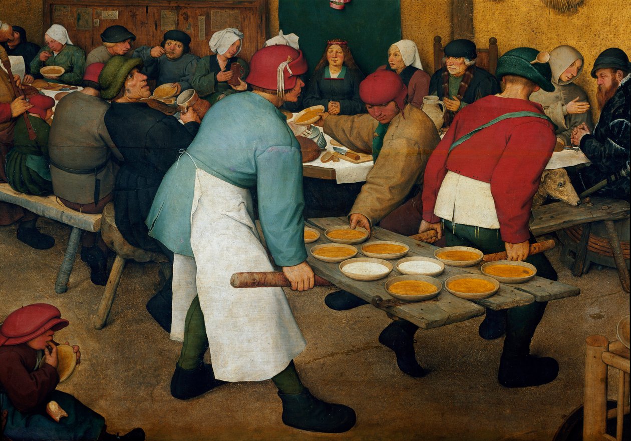Smekmånadsdetaljen. Tallrikar på en bricka. Målning av Pieter Bruegel (eller Bruegel eller Brueghel eller Brueghel) sa den förra (1525-1569) av Pieter Bruegel the Elder
