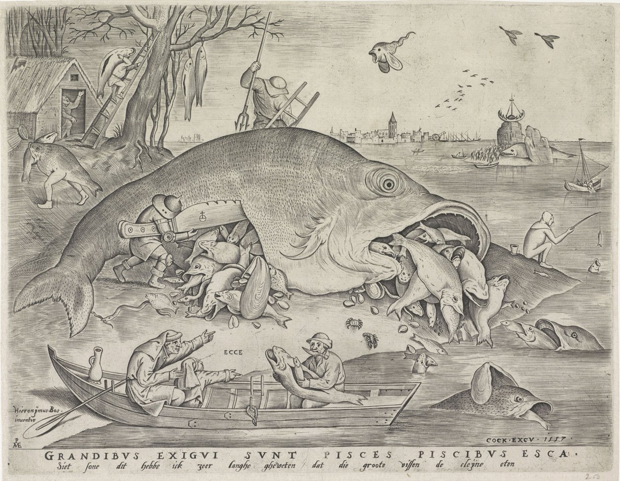 Stora fiskar äter små fiskar, graverad av Pieter van der Heyden, 1557 av Pieter The Elder after Brueghel