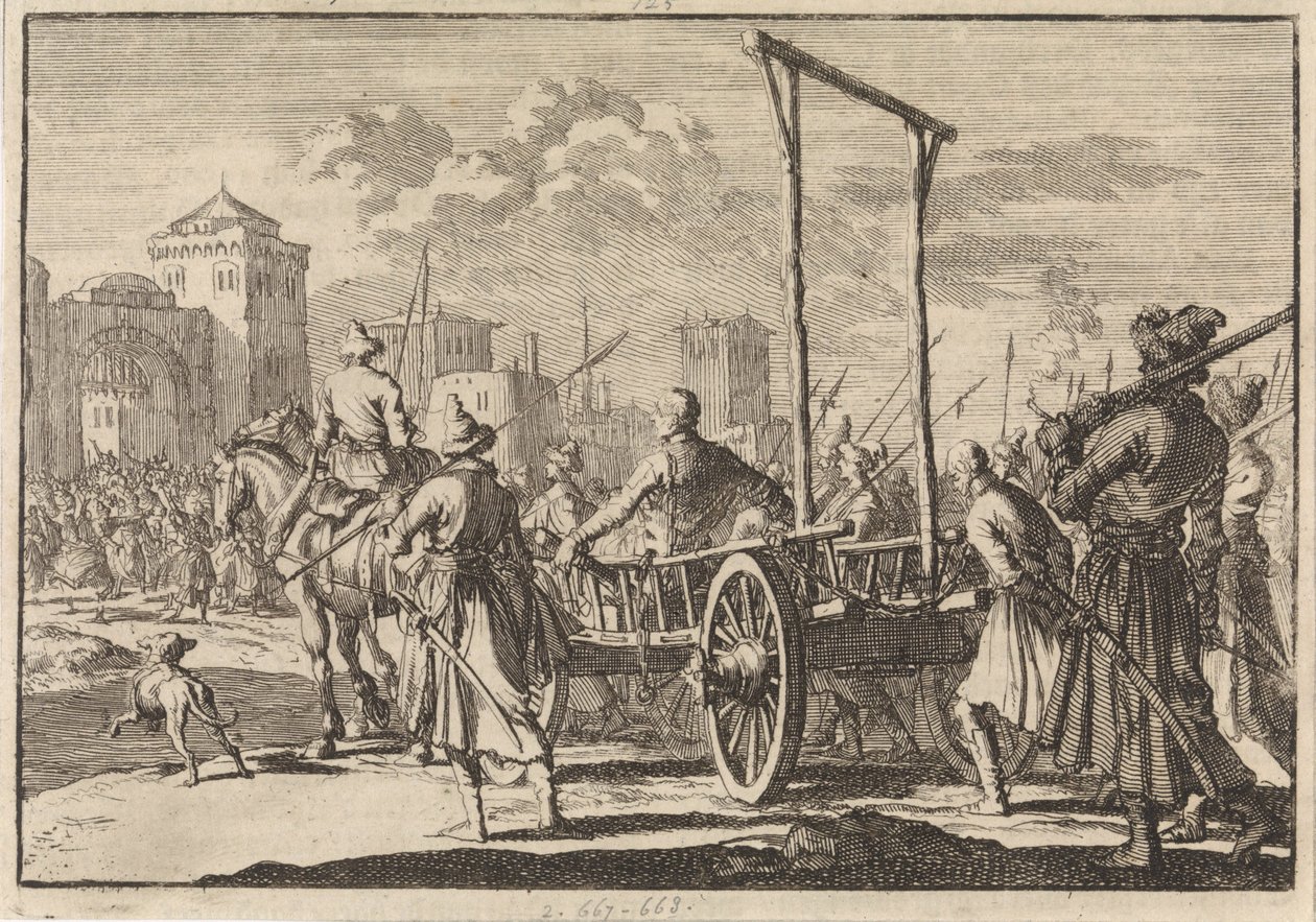 Stepan Razins och hans bror Frols ankomst i en järnbur i Moskva, 1671, 1698 av Pieter Van der Aa