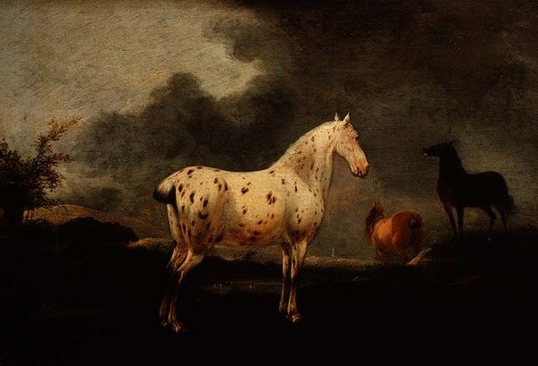 Landskap med en prickig grå häst, ca 1670 (olja på panel) av Pieter Wouwermans or Wouwerman