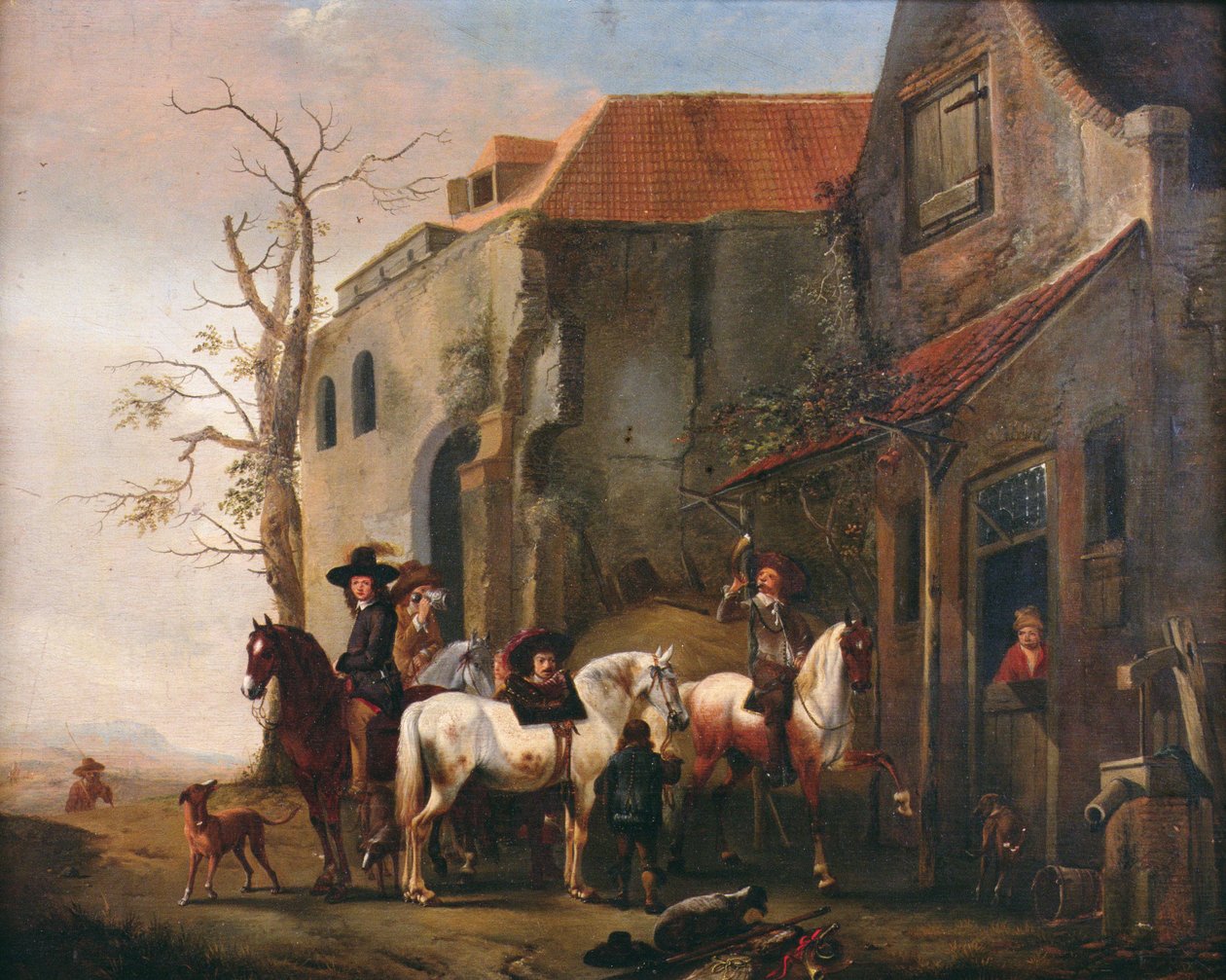 Ryttare och hästar vid dörren till ett värdshus av Pieter Wouwermans or Wouwerman