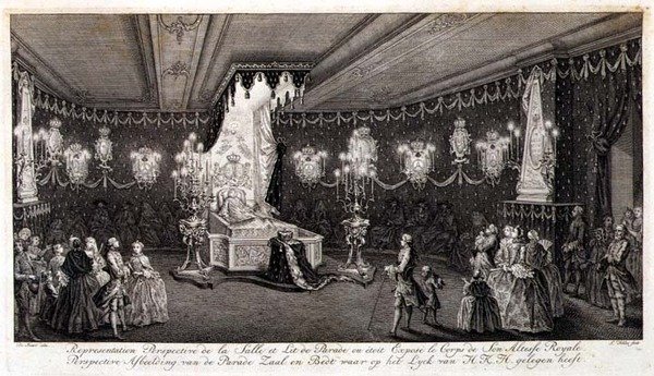 Kroppen av Anne, den kungliga prinsessan ligger i staten (gravyr) av Pieter de (after) Swart