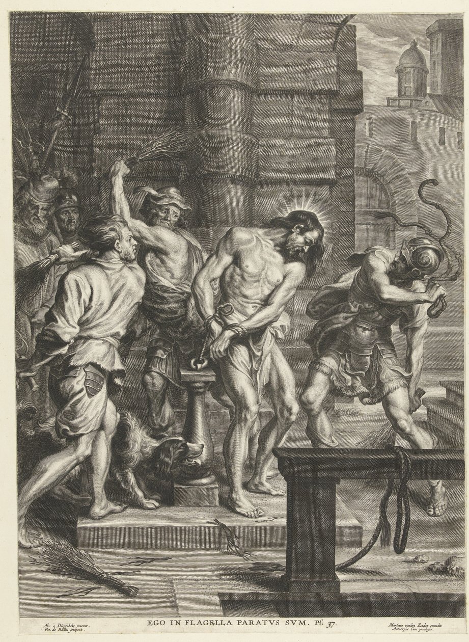 Kristi flagellation av soldater Ego i flagella paratus sum (titel på objekt) av Pieter de Bailliu (I)
