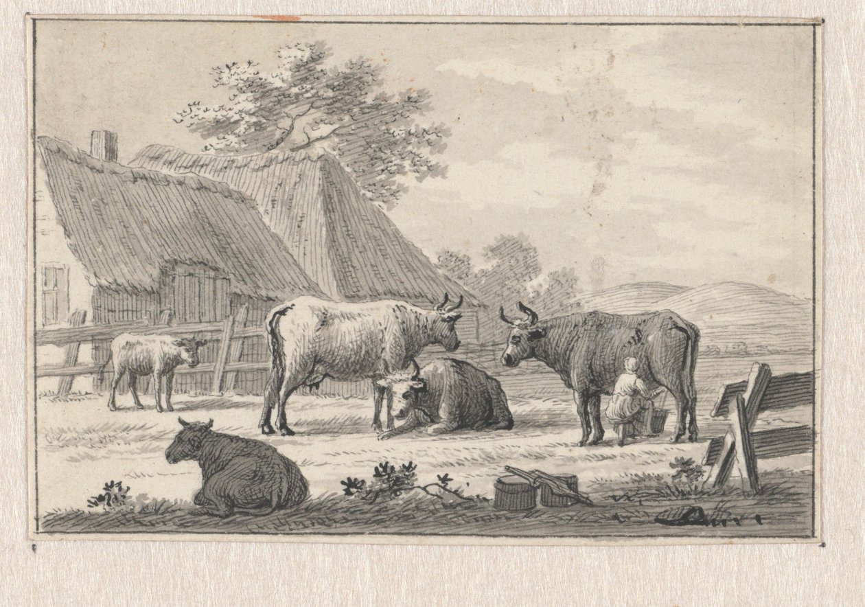 Gårdsplan med mjölkande flicka av Pieter de Goeje