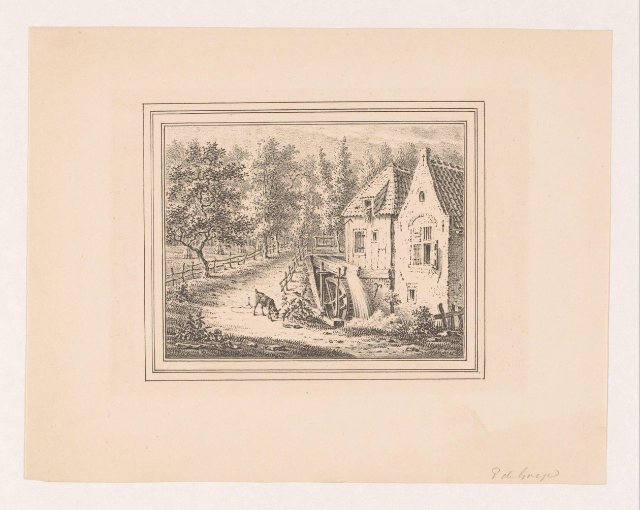Landskap med vattenkvarn och en betande get i ett rep av Pieter de Goeje