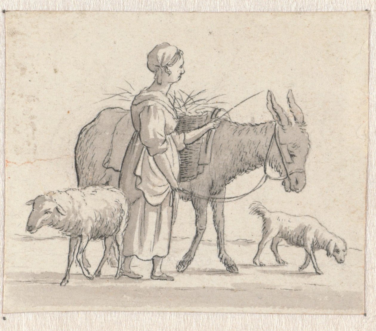 Kvinna med åsna, får och hund av Pieter de Goeje