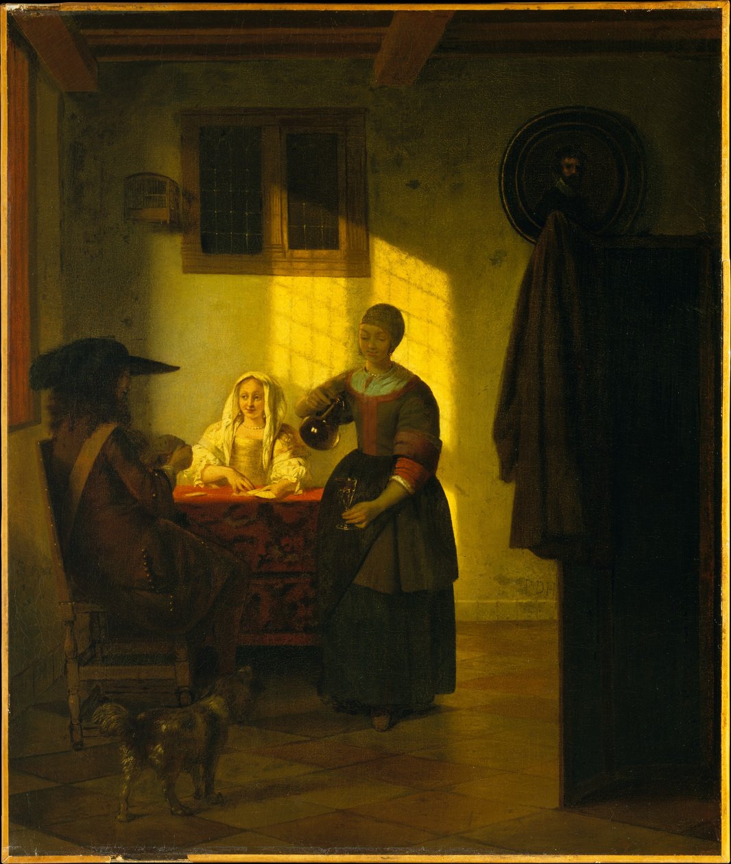 Ein Paar beim Kartenspiel mit einer Dienerin av Pieter de Hooch