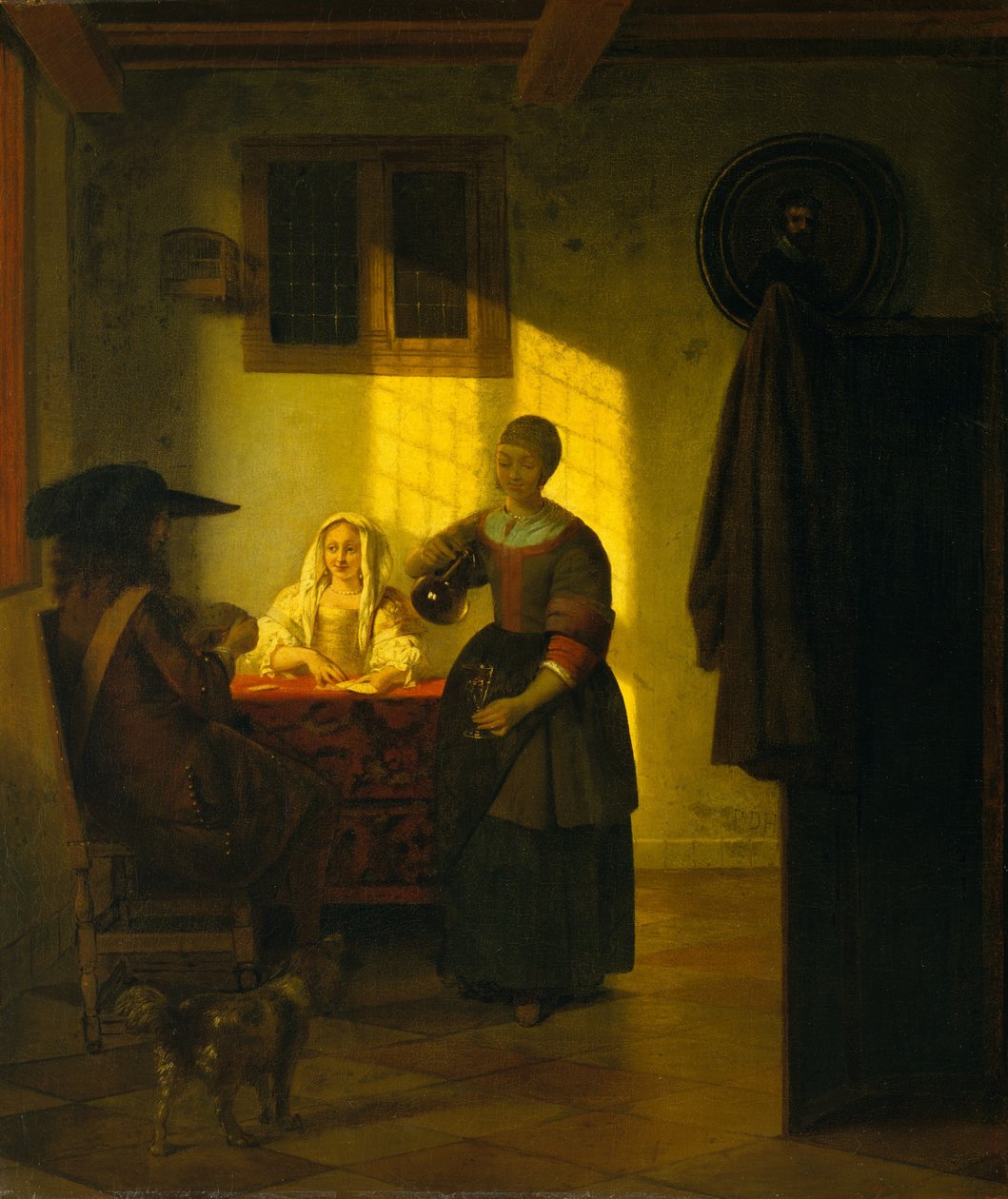 Ett par som spelar kort, med en tjänande kvinna, ca. 1665-75. av Pieter de Hooch