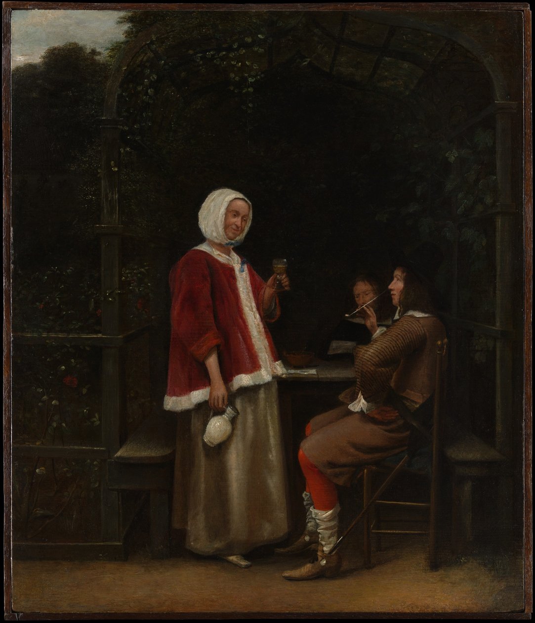 En kvinna och två män i en berså av Pieter de Hooch