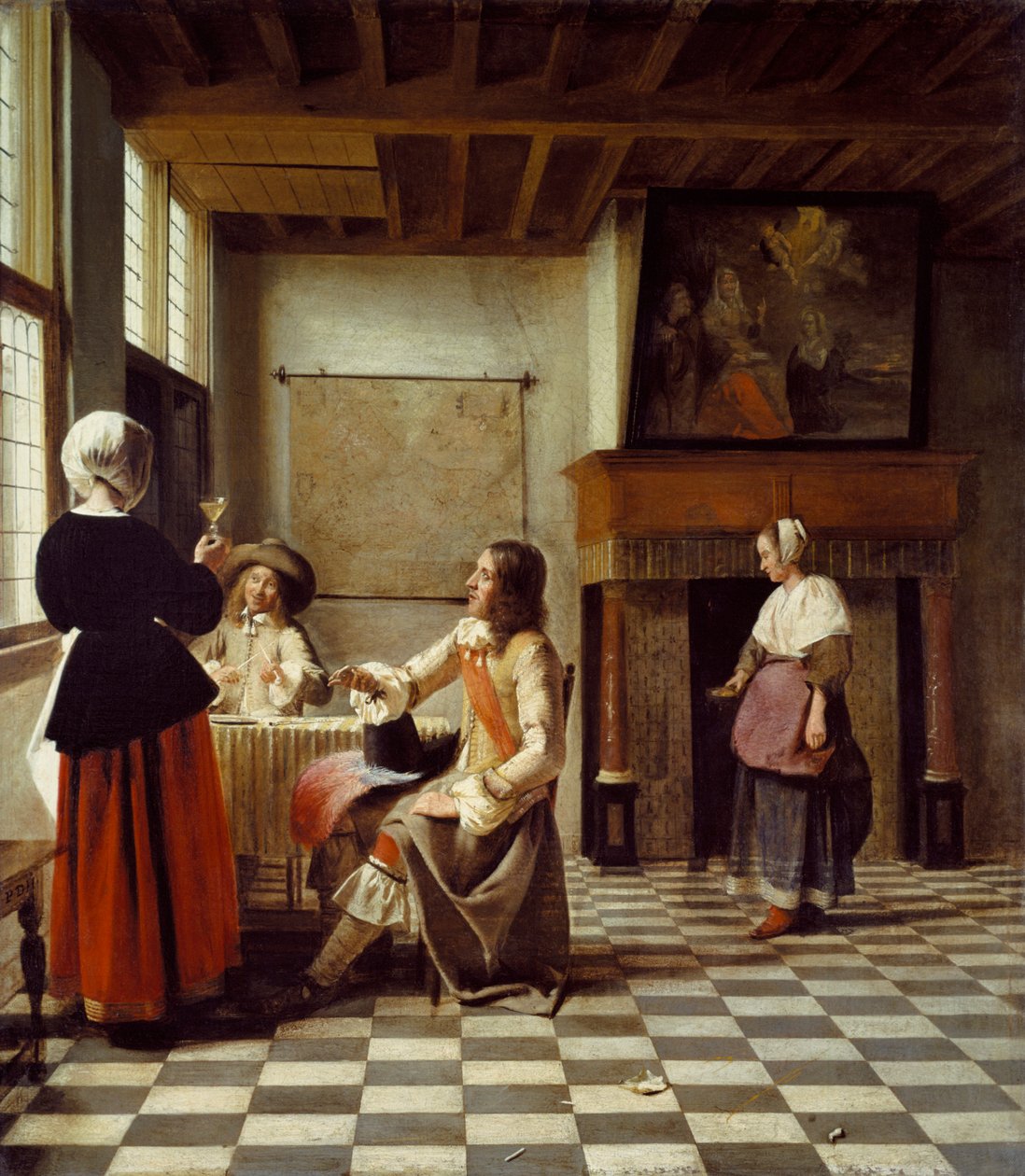 En interiör, med en kvinna som dricker med två män och en hembiträde av Pieter de Hooch