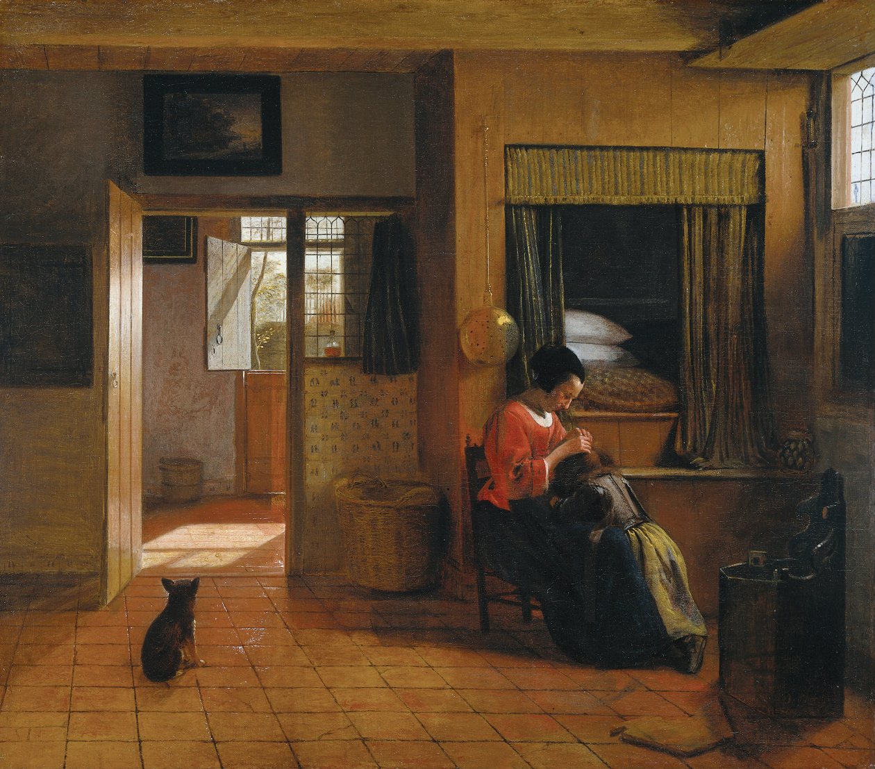 Invändigt rum med en mamma som rengör sitt barns hår, känt som "Mammas jobb" av Pieter de Hooch