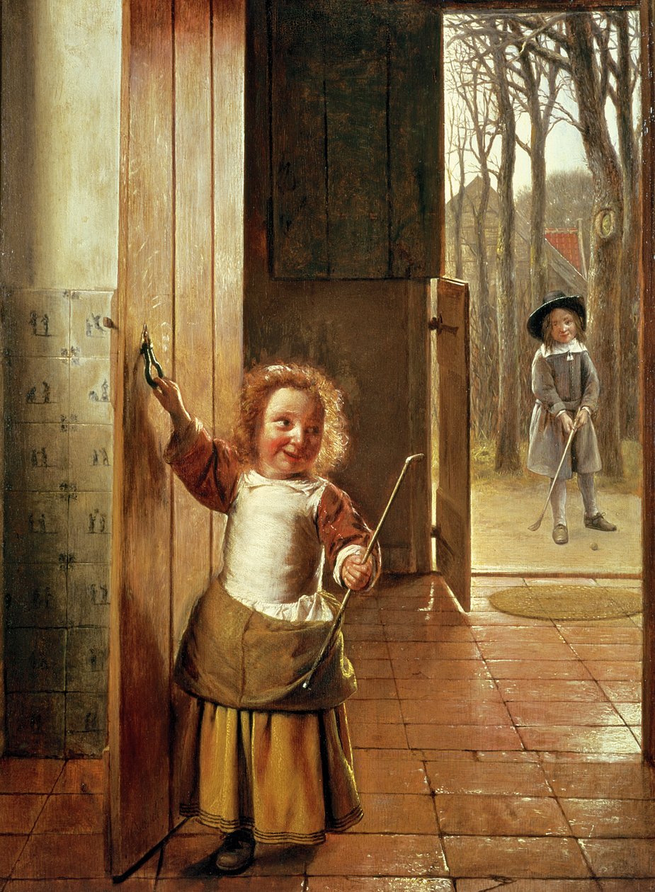 Barn i en dörröppning med "golfpinnar", c.1658-60 av Pieter de Hooch