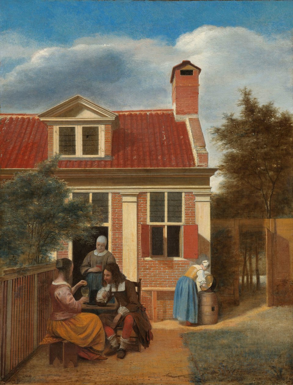 Figurer på en innergård bakom ett hus Tre kvinnor och en man på gården bakom ett hus av Pieter de Hooch