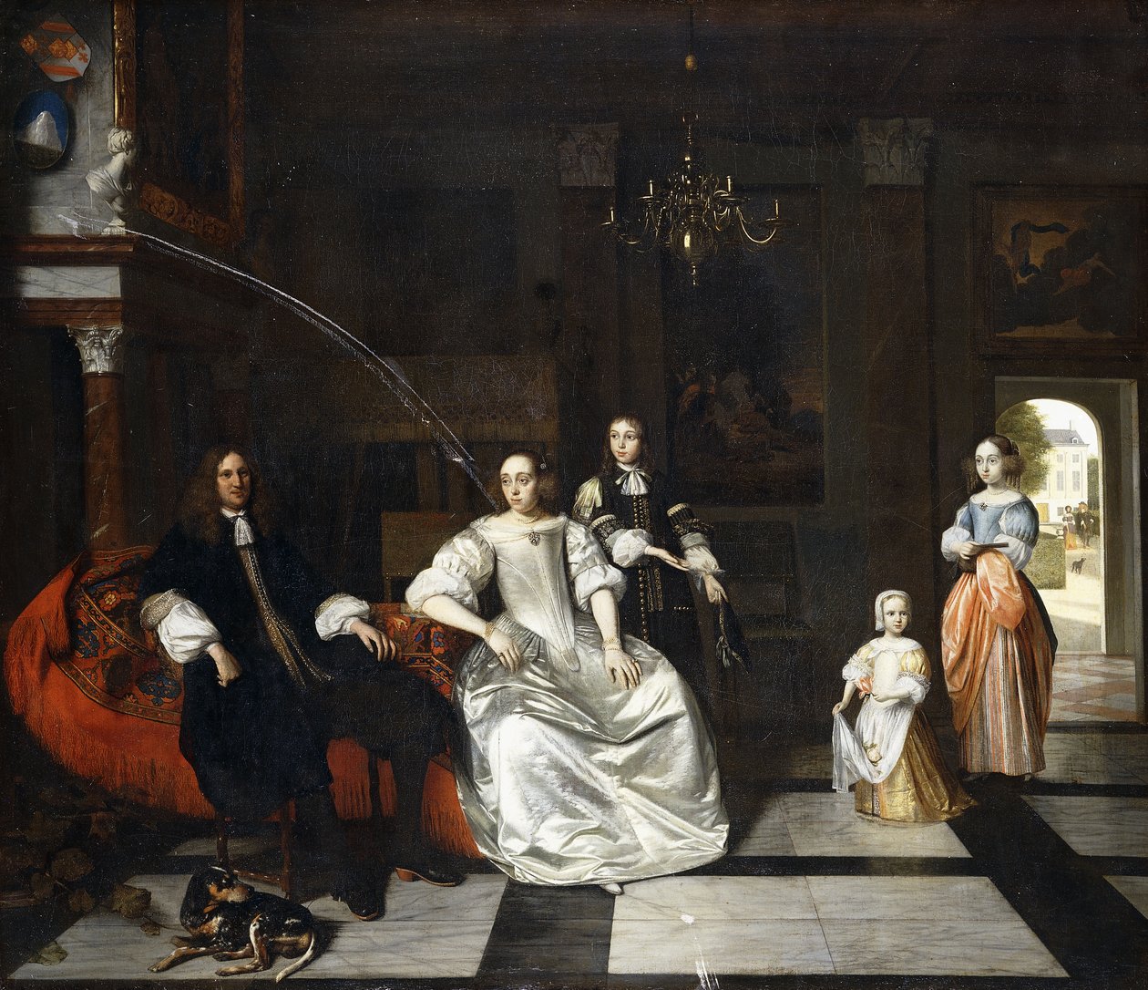 Gruppporträtt av familjen Jacott-Hoppesack med en hund i en överdådig klassisk interiör, en dam och gentleman som promenerar i en park genom en dörr bortom, av Pieter de Hooch