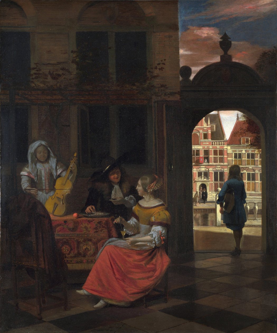 Hooch, Pieter, de (1629-1684) A Musical Party in a Courtyard Olja på duk 1677 National Gallery, London 83,5x68,5 av Pieter de Hooch