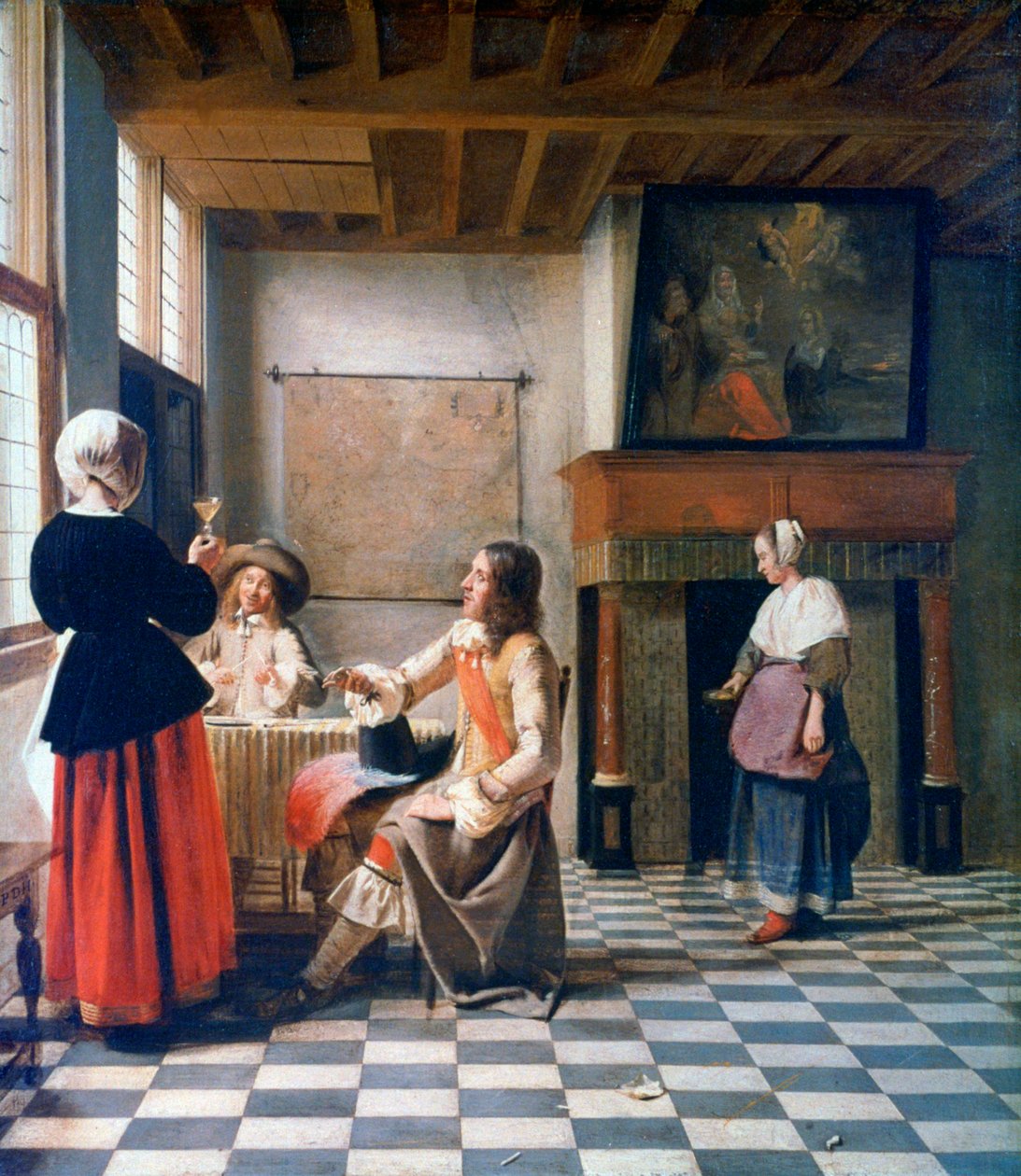 Interiör, kvinna som dricker med två män och en tjänstekvinna, c1658 av Pieter de Hooch