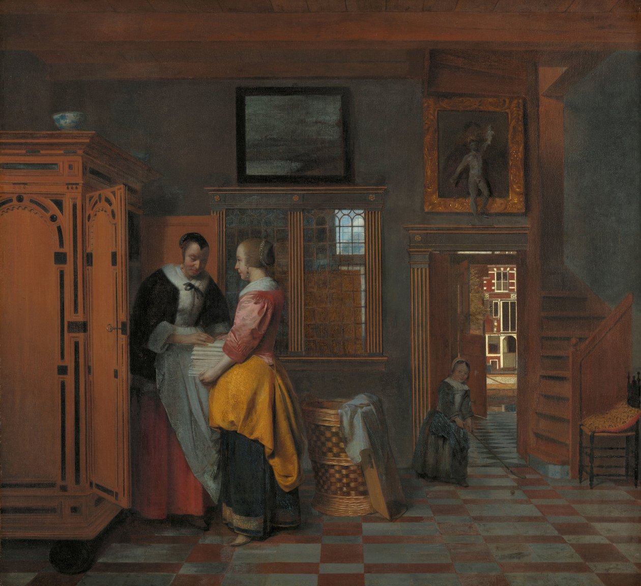 Interiör med kvinnor bredvid ett linneskåp Interiör med kvinnor bredvid en linnekista av Pieter de Hooch