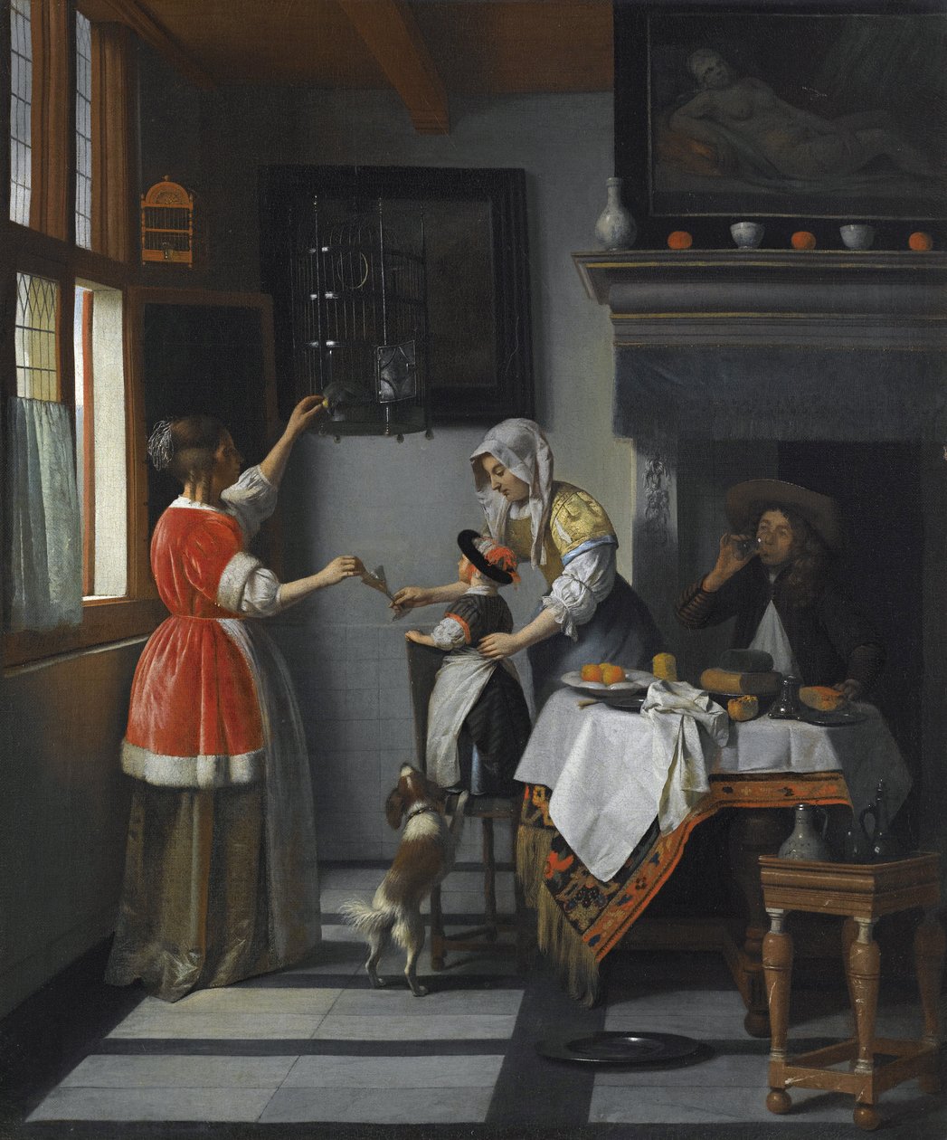 Interiör med ett barn som matar en papegoja par Hooch, Pieter, de av Pieter de Hooch
