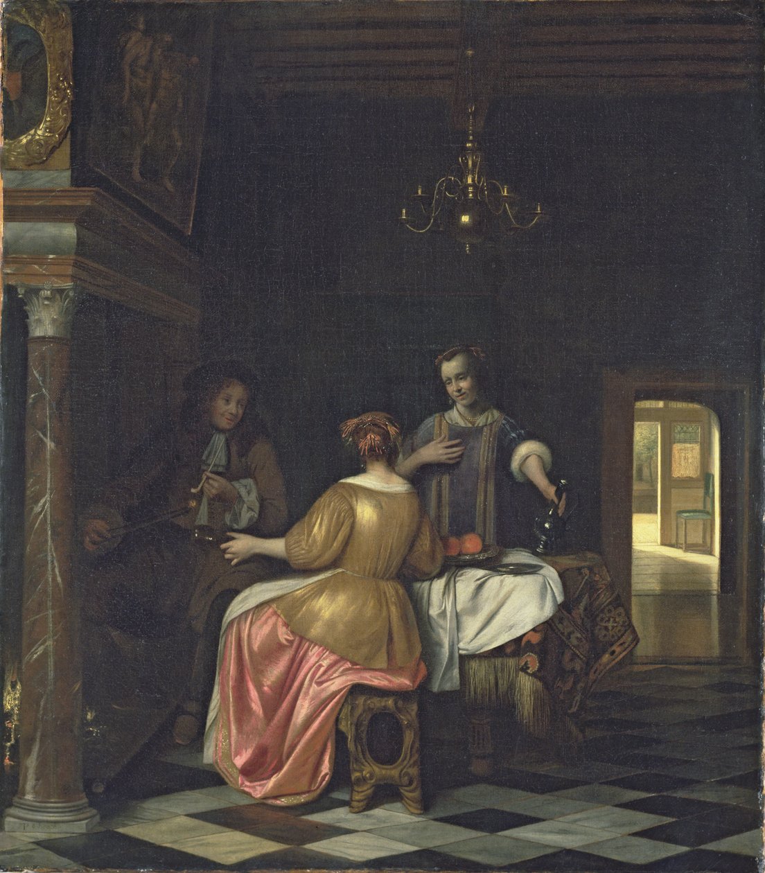 Interiör med en gentleman och två damer som samtalar, ca 1668-70 (olja på duk) av Pieter de Hooch