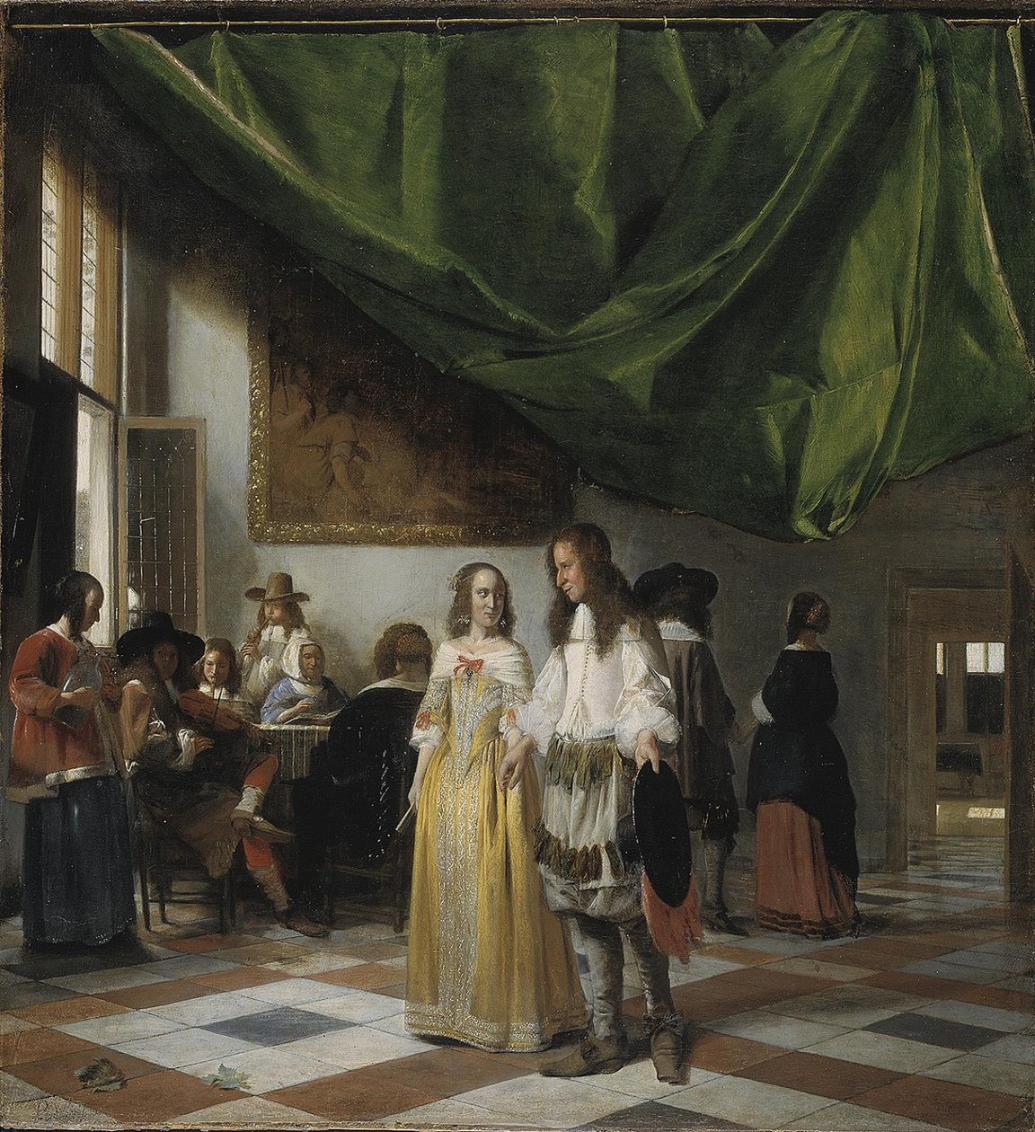 Interiör med ett ungt par och människor som gör musik av Pieter de Hooch