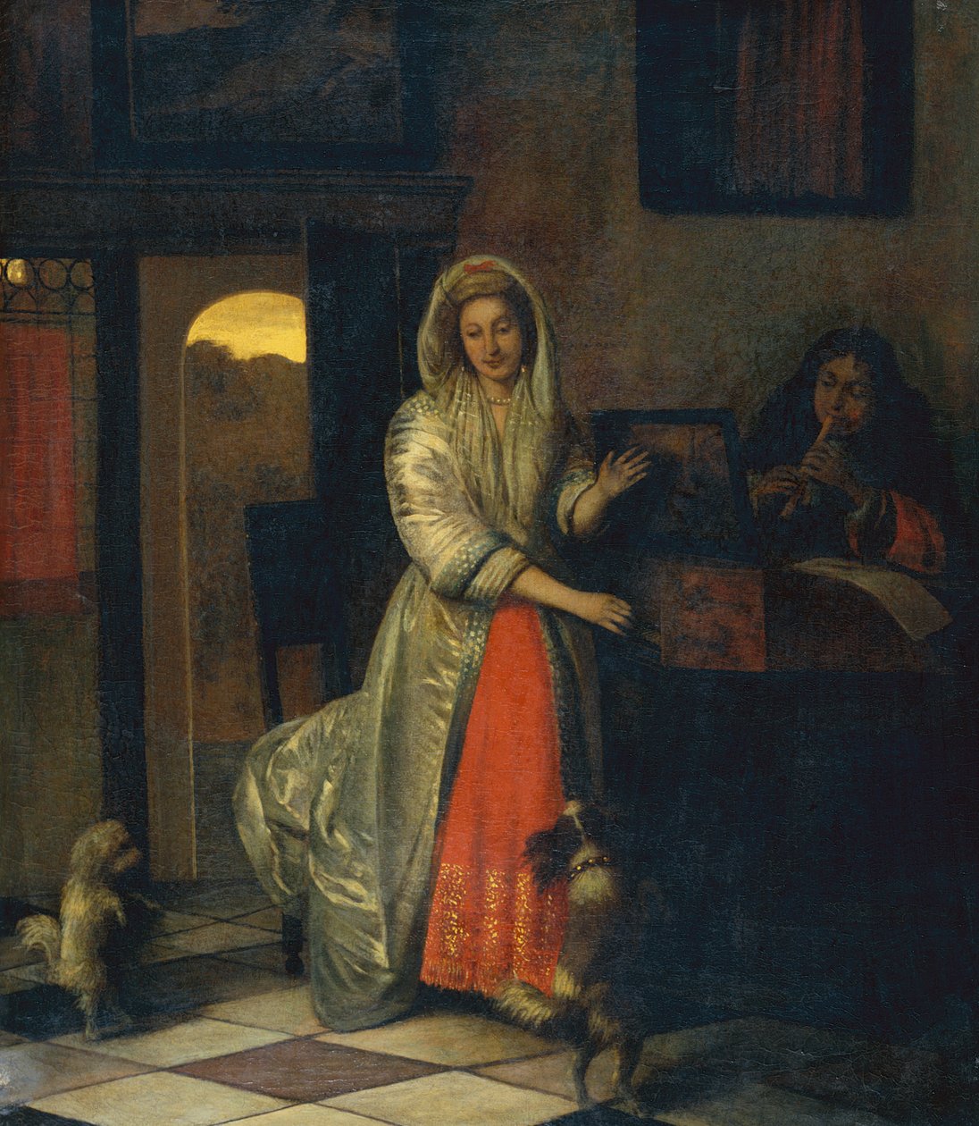 Lady och en gentleman som gör musik med dansande hundar av Pieter de Hooch